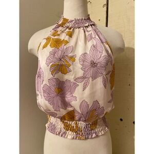 Monteau Women Large Floral Halter Top Smocked Ruffle Neck Sleeveless Blouse Tank